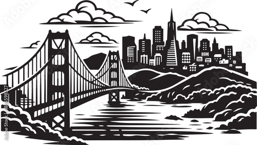 San Francisco City Skyline Silhouette Black and White Vector Illustration