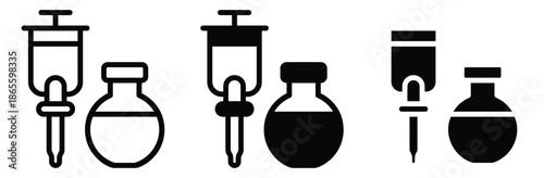Medical syringes and beakers for laboratory use,Syringe icon vector collection.Syringe thin line vector icons.Medical syringe icon. The syringe is filled with a vaccine solution. 