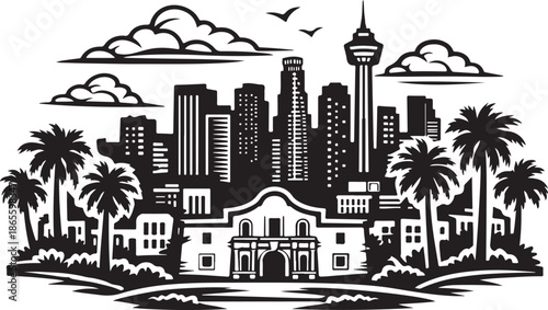 Los Angeles City Skyline Silhouette Black and White Vector Illustration