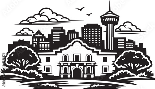 Fotografie San Antonio Texas City Skyline Silhouette Black and White Vector Illustration