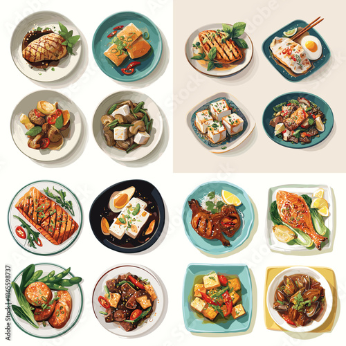 Top view illustration of Asian main dishes with rice vegetables and protein served in plates. Colorful meals arranged neatly for menu design and culinary presentation.