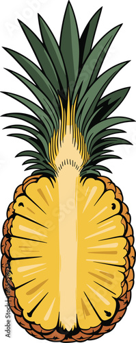 A halved pineapple with yellow flesh and green leafy crown on white background