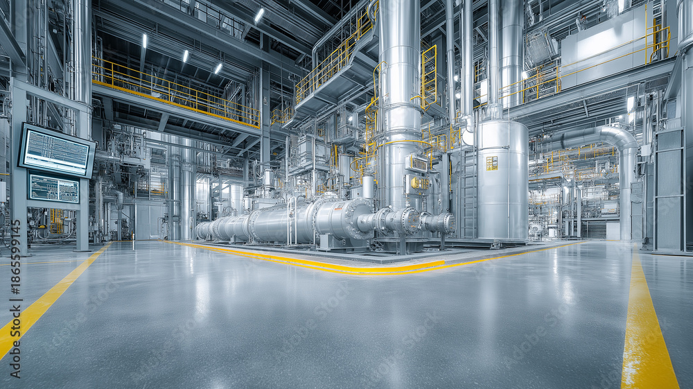 Fototapeta premium Advanced robotic systems repair and maintain machinery in a bustling refinery setting Generative AI