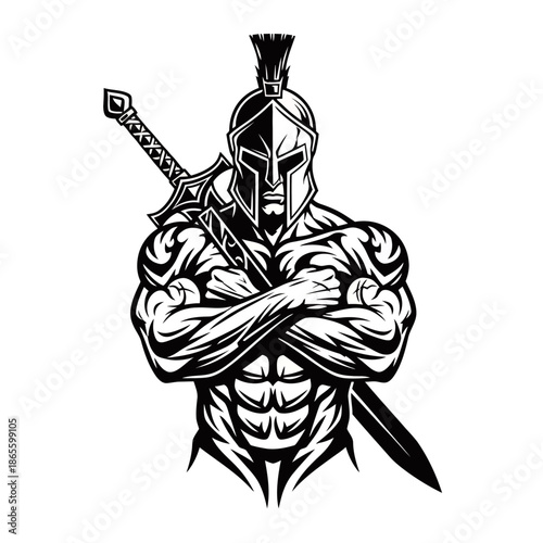 A powerful black and white illustration of a muscular Spartan warrior with a Corinthian helmet and a sword, arms crossed, exuding strength and determination.