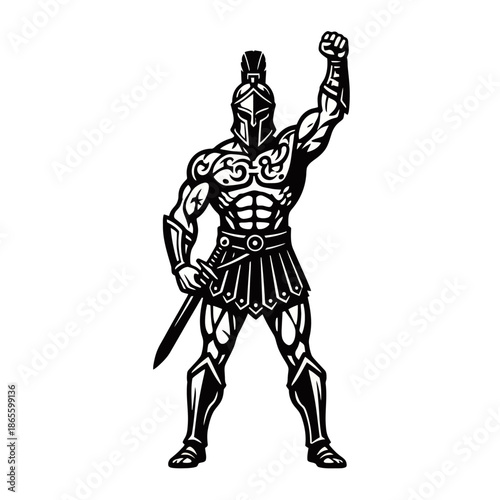 A powerful illustration of a muscular warrior in ancient Greek armor holding a sword and raising a fist in victory.