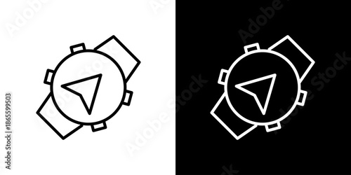 Simple black and white line icon depicting a contemporary navigation compass or wrist-worn device, perfect for user interfaces and location-based applications
