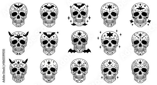 Intricate collection of black and white sugar skulls, each adorned with unique decorative patterns and motifs, perfect for Day of the Dead celebrations, Halloween themes, and cultural designs