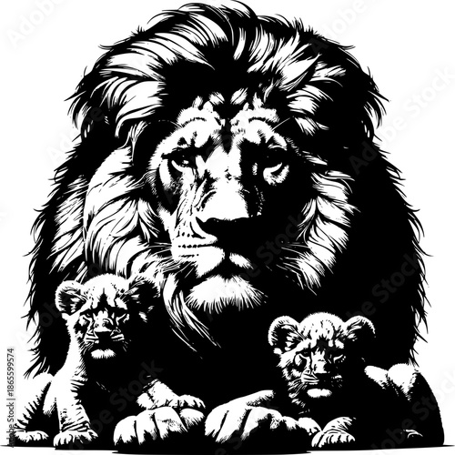 Majestic Lion and Cubs: A powerful lion, the king of the jungle, watches over his cubs, showcasing strength, protection, and the unbreakable bonds of family. 