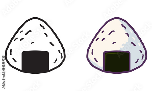 vector illustration of rice ball snacks with seaweed filling , outline and colored version 