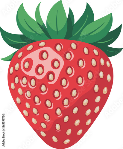 A ripe red strawberry with green leaves on and small yellow seeds on the surface