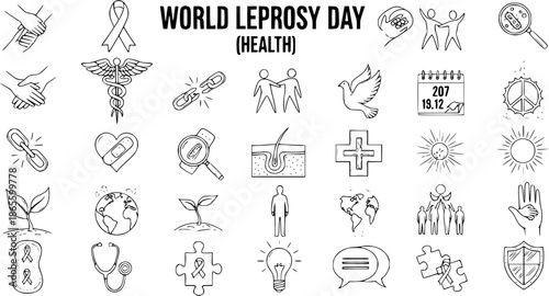 Black and White Line Art Doodle Icons for World Leprosy Day. Comprehensive health, medical, awareness, and support vector symbol set addressing disease, stigma, and healing.