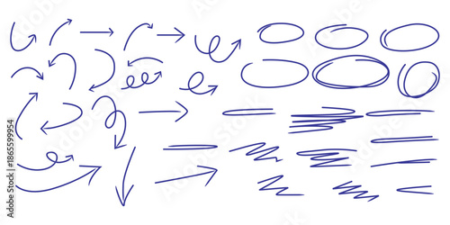 Collection of hand drawn blue arrows circles lines and various scribbles