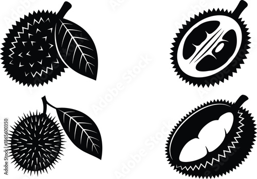Four black and white of durian fruit with leaves and cut open views showing seeds