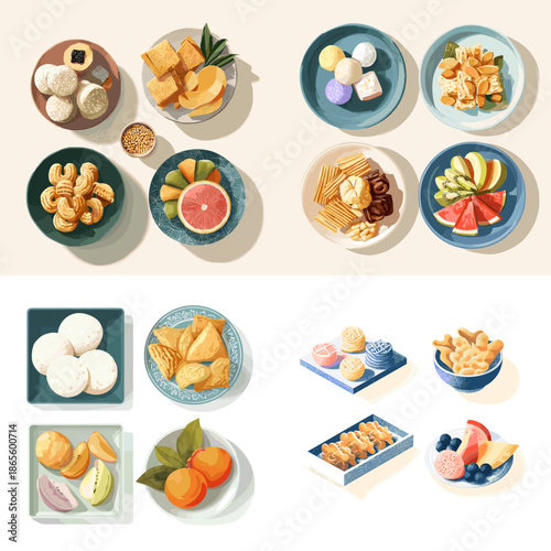 Illustrated set of assorted snacks and desserts served in small plates. Sweet and savory bites arranged neatly for party catering and menu presentation visuals.