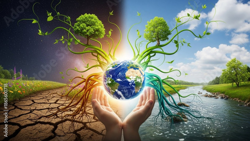 Hands holding Earth with contrasting environments symbolizing environmental protection and ecological balance concept for sustainability and climate change