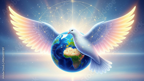 White dove with glowing wings perched on planet Earth symbolizing peace and global connection digital art for spiritual and environmental concepts