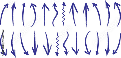 Collection of hand drawn blue arrows pointing upwards and downwards simple design