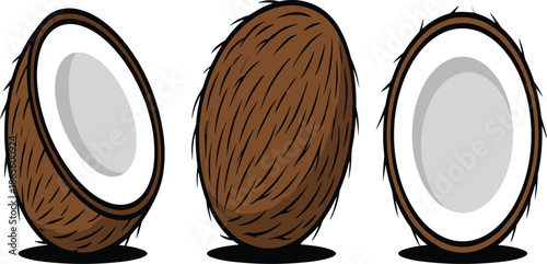 Three brown coconut shells with white interiors shown from different angles tropical