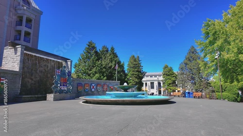 Victoria, British Columbia, Canada. July 12, 2025: The Confederation Fountain, a three-tiered centerpiece, at the Confederation Garden Court in Victoria, British Columbia