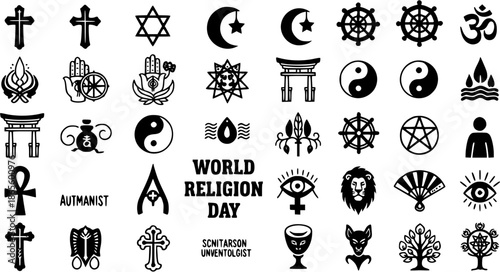 World Religion Day Vector Glyph Icons Set: Black and White Flat Line Art Symbols of Global Faith, Spirituality, Beliefs, and Cultural Diversity Emblems.