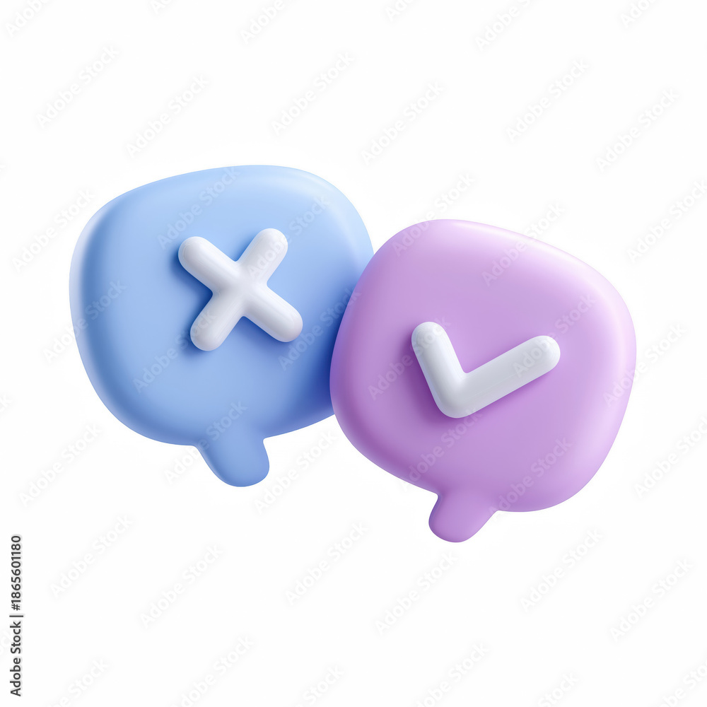 Obraz premium 3D cute cartoon chat bubbles with check and cross icons, yes or no decision isolated on transparent background.