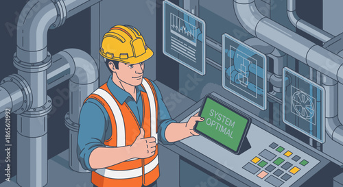 A dedicated worker in a hard hat and safety vest confidently displays "SYSTEM OPTIMAL" on a tablet, giving a thumbs-up within a modern industrial control room.