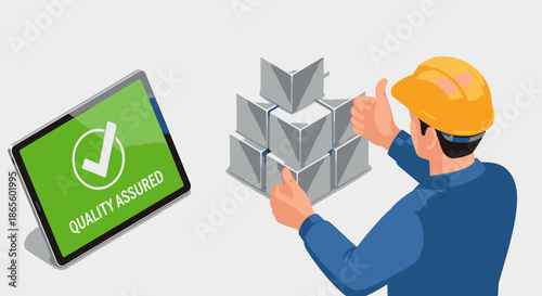 A diligent industrial worker in a hard hat gives a thumbs-up, signifying successful quality assurance and project delivery, digitally confirmed on a tablet.