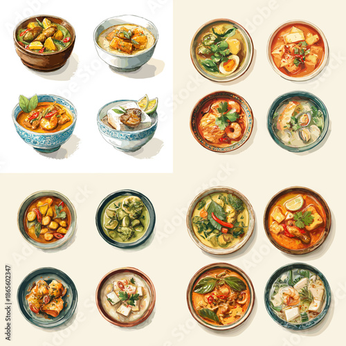 Top view illustration of Asian soups and stews served in ceramic bowls. Warm comfort meals with vegetables and broth arranged for menu layouts and culinary presentation.