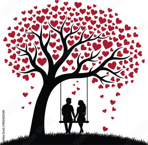 Romantic couple silhouette sitting on swing beneath heart filled tree with falling hearts symbolizing love romance and emotional connection