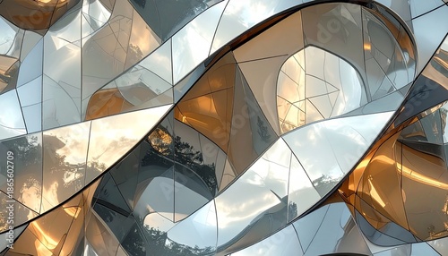 A futuristic architectural structure with curved metallic surfaces reflects a cloudy sky and cityscape at dusk.
