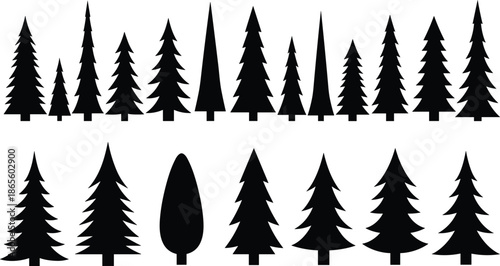 Evergreen tree silhouette icon set, two-row layout with varied shapes and species, forest graphic design