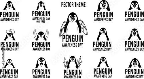 Black and White Stylized Icons and Line Art Illustrations for Penguin Awareness Day, featuring various minimalist arctic birds, ideal for wildlife conservation, nature education, and event themes.