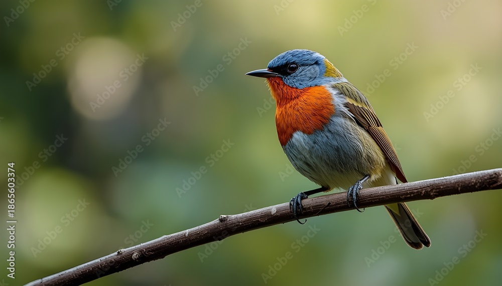 Fototapeta premium Photo of a small colorful bird perched on a thin branch, captured in natural light with a soft green blurred background. Detailed feathers and calm pose, suitable for wildlife and nature themes.
