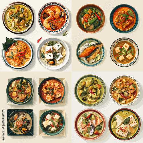 Top view illustration of Asian soups and tofu dishes with vegetables and rich broth. Comfort meals arranged neatly for menu design and culinary storytelling visuals.