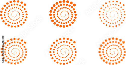 Set of six yellow abstract spiral patterns and radial geometric shapes including stars, circles, and hexagons, isolated on white background.