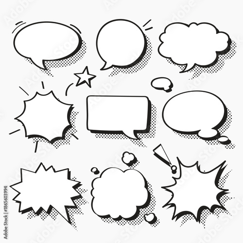 Comic speech bubbles set with halftone shadows and sound effects, retro design elements for pop art style