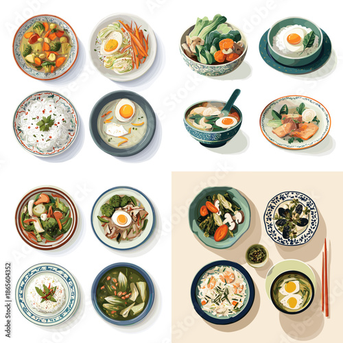 Illustration of Asian vegetable based dishes served in bowls. Fresh greens tofu and mixed ingredients arranged neatly for healthy menu design and food education visuals.