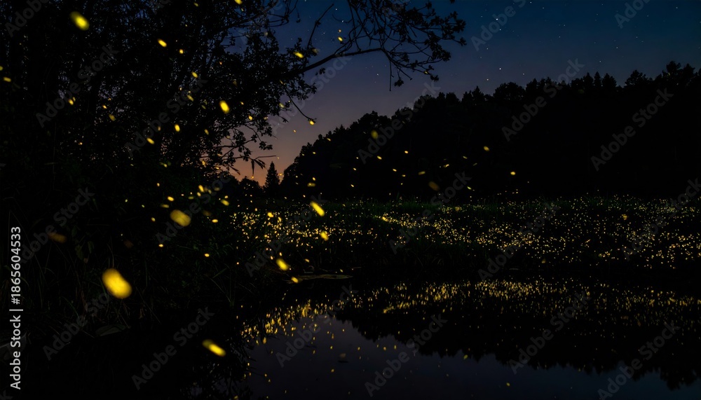 Fototapeta premium Fireflies dancing around a serene pond at dusk.