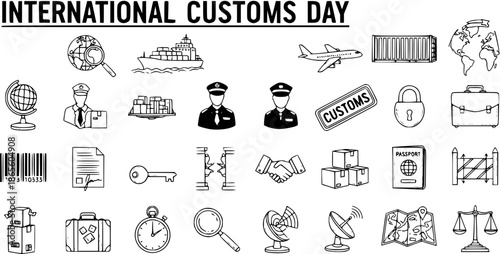 International Customs Day Hand-Drawn Line Art Icons Set. Black and White Doodle Symbols for Global Trade, Shipping, Logistics, Border Control, and Travel. Sketch Vector Illustrations.