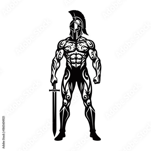 A powerful warrior in full armor, holding a sword, with intricate tribal tattoos covering his muscular body.