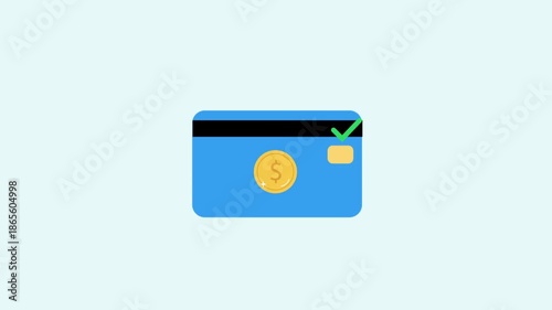 Minimal flat illustration of a credit card with a success checkmark and coin symbol. Suitable for payment confirmation, approved transactions, online checkout, and modern fintech or UI design concepts