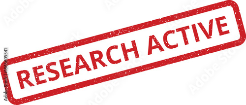 A textured red grunge rubber stamp with RESEARCH ACTIVE indicating ongoing studies or projects