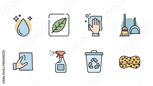 Set of cleaning and eco-friendly icons for hygiene and environmental care.