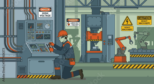 Industrial Electrician at Factory
A flat vector illustration of an industrial electrician working on large electrical machinery inside a factory. Control panels, cables, 
