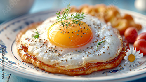 Fried egg with herbs and pepper on plate with tomatoes and flower