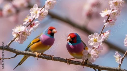 Two Gouldian finches perched on a blooming plum branch with pastel pink flowers and blue sky.
