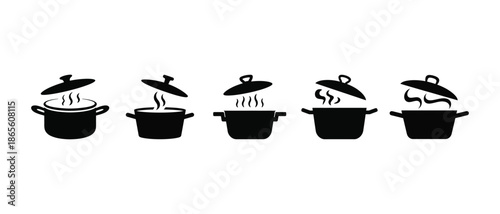 Black silhouette cooking pots with lids and steam  kitchen icons, vector illustration