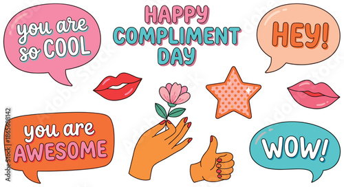 Happy compliment day stickers set, positive praise messages, speech bubble icons, kindness appreciation symbols, colorful flat illustration pack