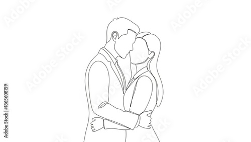 A minimalist line art illustration of a romantic couple sharing a tender kiss