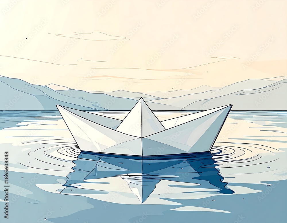 Obraz premium A solitary paper boat floats serenely on calm water, reflecting light